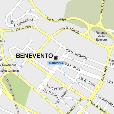 Mappa cartografica di Benevento centrata sul Tribunale ubicato in Via Raffaele De Caro